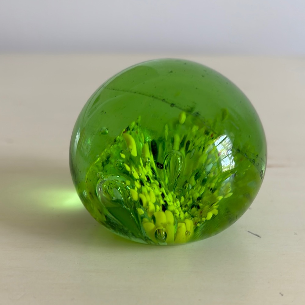 Vintage Glass Paperweight Bright Green Botanical Bubbles ball globe garden room